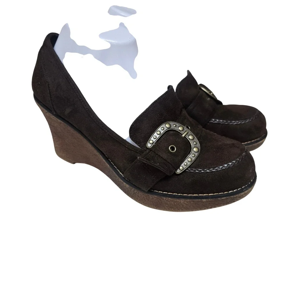Lower East Side Brown Wedge Loafers Preppy Y2K‎ Chunky Buckle Shoes Womens 8.5W